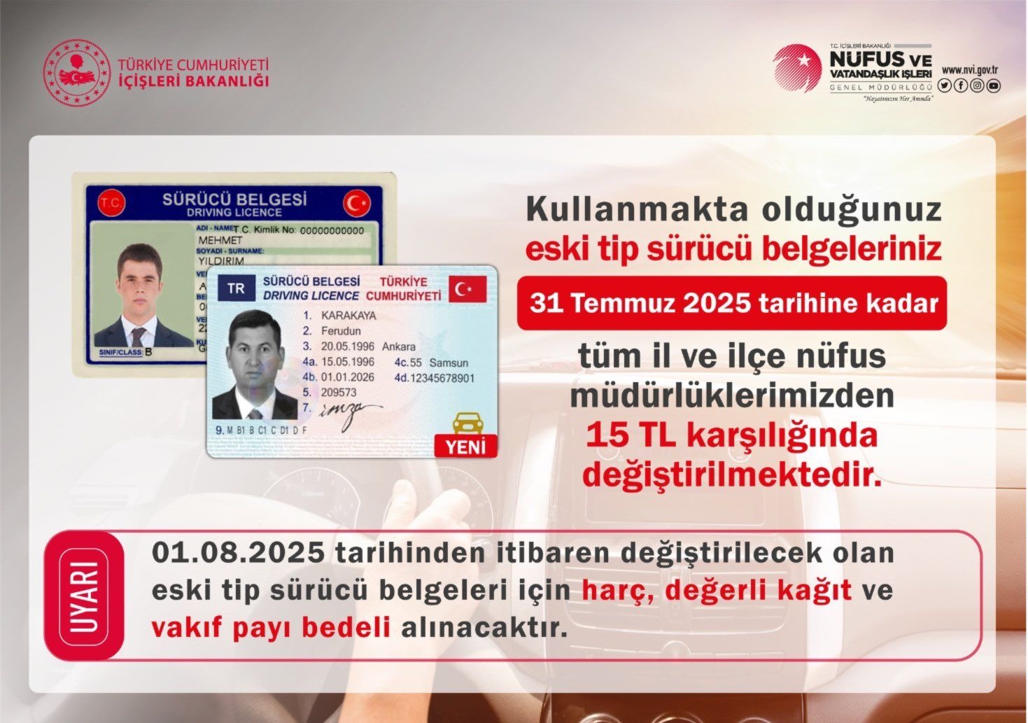 Yozgat Valiliği, 2016 yılı öncesinde alınan eski tip sürücü belgelerinin