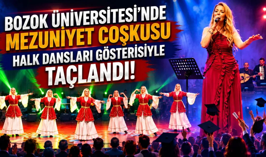 Devlet Halk Dansları Topluluğu’nun sahne aldığı gösteride öğrenciler mezuniyet sevincini