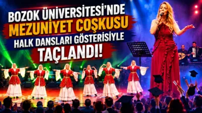 Devlet Halk Dansları Topluluğu’nun sahne aldığı gösteride öğrenciler mezuniyet sevincini